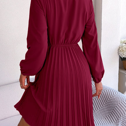 Fashion Women's Solid Color Bow V-Neck Long Sleeve Dress Pleated Elastic Waist Dress Casual Women's Big Hem Dresses