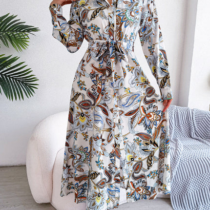 Vintage Elegant Button Floral Women Long Lantern Sleeve Casual Paris Street Fashion Long Sleeve Dresses