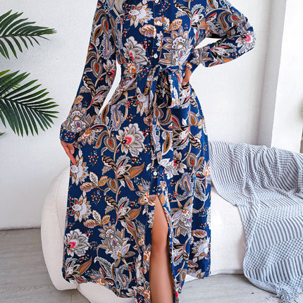 Vintage Elegant Button Floral Women Long Lantern Sleeve Casual Paris Street Fashion Long Sleeve Dresses