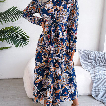 Vintage Elegant Button Floral Women Long Lantern Sleeve Casual Paris Street Fashion Long Sleeve Dresses