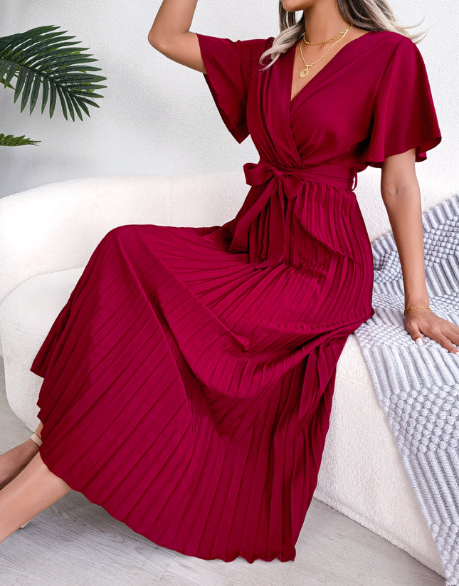 Women's Spring/Summer Temperament Cross V Neck Large Folded Long Dress with Ruffle Short Sleeve Dresses