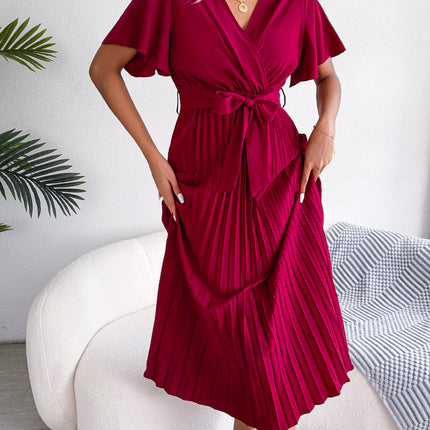 Women's Spring/Summer Temperament Cross V Neck Large Folded Long Dress with Ruffle Short Sleeve Dresses