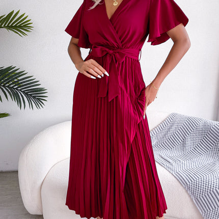 Women's Spring/Summer Temperament Cross V Neck Large Folded Long Dress with Ruffle Short Sleeve Dresses