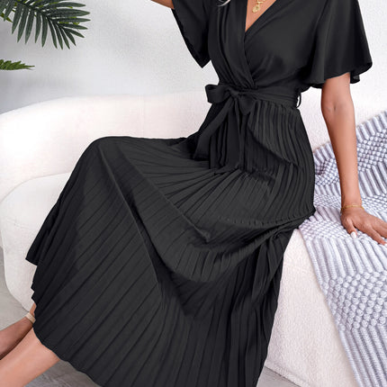 Women's Spring/Summer Temperament Cross V Neck Large Folded Long Dress with Ruffle Short Sleeve Dresses