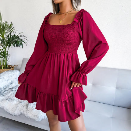 Summer Dresses for Women Ladies Casual Dress Flared Long Sleeve Pleated Dress Square Neck Ruffle Swing Dress