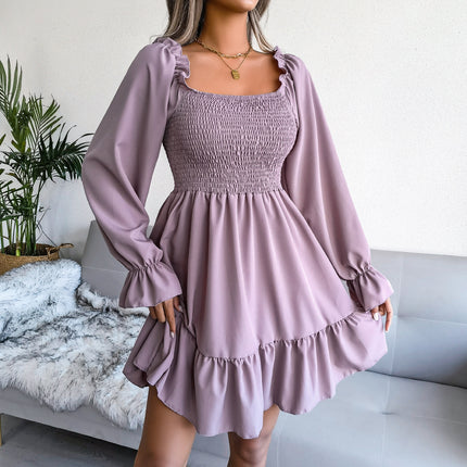 Summer Dresses for Women Ladies Casual Dress Flared Long Sleeve Pleated Dress Square Neck Ruffle Swing Dress