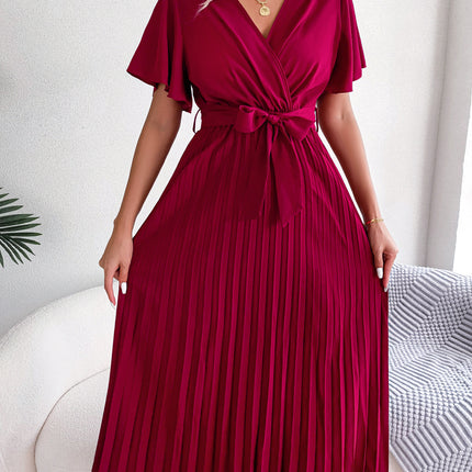 Women's Spring/Summer Temperament Cross V Neck Large Folded Long Dress with Ruffle Short Sleeve Dresses