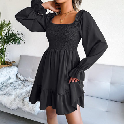 Summer Dresses for Women Ladies Casual Dress Flared Long Sleeve Pleated Dress Square Neck Ruffle Swing Dress