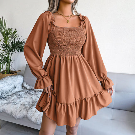 Summer Dresses for Women Ladies Casual Dress Flared Long Sleeve Pleated Dress Square Neck Ruffle Swing Dress