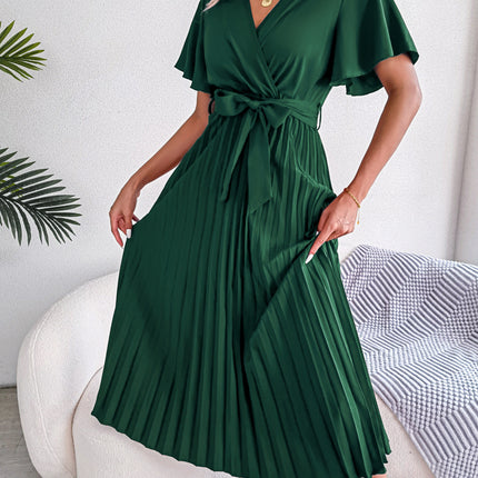 Women's Spring/Summer Temperament Cross V Neck Large Folded Long Dress with Ruffle Short Sleeve Dresses