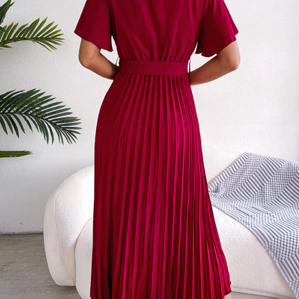 Women's Spring/Summer Temperament Cross V Neck Large Folded Long Dress with Ruffle Short Sleeve Dresses