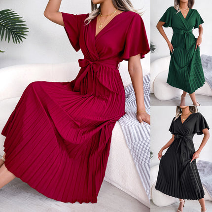 Women's Spring/Summer Temperament Cross V Neck Large Folded Long Dress with Ruffle Short Sleeve Dresses