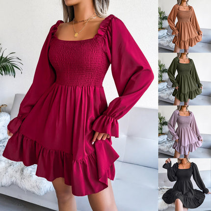 Summer Dresses for Women Ladies Casual Dress Flared Long Sleeve Pleated Dress Square Neck Ruffle Swing Dress