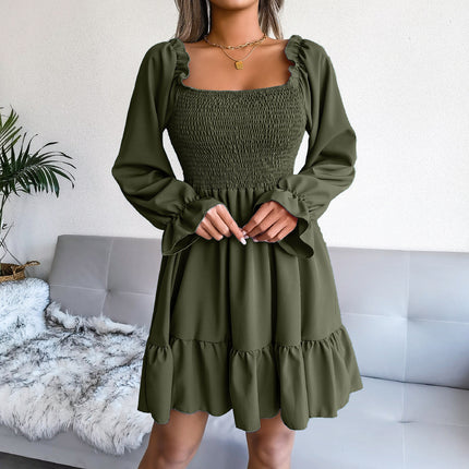 Summer Dresses for Women Ladies Casual Dress Flared Long Sleeve Pleated Dress Square Neck Ruffle Swing Dress