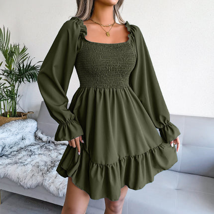 Summer Dresses for Women Ladies Casual Dress Flared Long Sleeve Pleated Dress Square Neck Ruffle Swing Dress