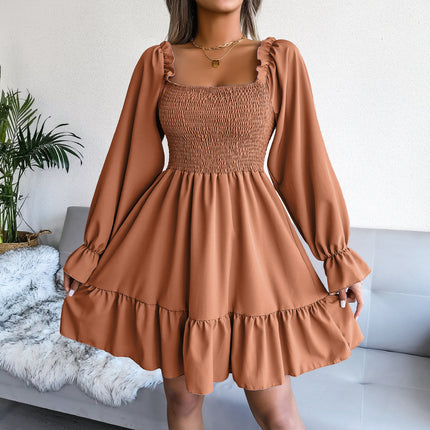 Summer Dresses for Women Ladies Casual Dress Flared Long Sleeve Pleated Dress Square Neck Ruffle Swing Dress