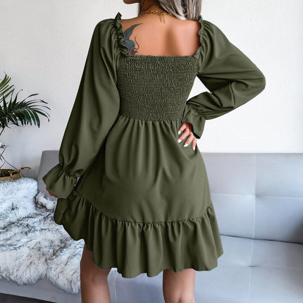 Summer Dresses for Women Ladies Casual Dress Flared Long Sleeve Pleated Dress Square Neck Ruffle Swing Dress