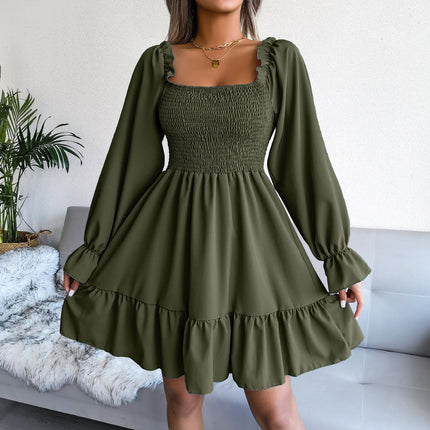 Summer Dresses for Women Ladies Casual Dress Flared Long Sleeve Pleated Dress Square Neck Ruffle Swing Dress