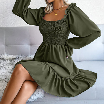 Summer Dresses for Women Ladies Casual Dress Flared Long Sleeve Pleated Dress Square Neck Ruffle Swing Dress