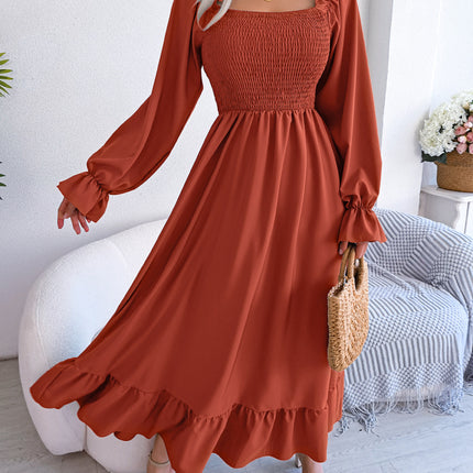 Summer Long Women's Dresses Square Neck Swing Ruffle Hem Dresses Flared Long Sleeve Club Party Halter Dresses