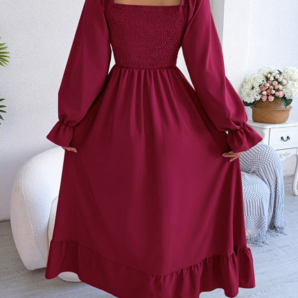 Summer Long Women's Dresses Square Neck Swing Ruffle Hem Dresses Flared Long Sleeve Club Party Halter Dresses