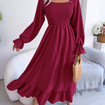 Summer Long Women's Dresses Square Neck Swing Ruffle Hem Dresses Flared Long Sleeve Club Party Halter Dresses