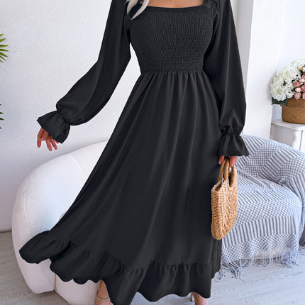 Summer Long Women's Dresses Square Neck Swing Ruffle Hem Dresses Flared Long Sleeve Club Party Halter Dresses