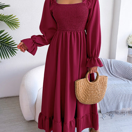 Summer Long Women's Dresses Square Neck Swing Ruffle Hem Dresses Flared Long Sleeve Club Party Halter Dresses