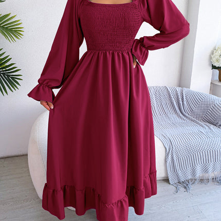 Summer Long Women's Dresses Square Neck Swing Ruffle Hem Dresses Flared Long Sleeve Club Party Halter Dresses