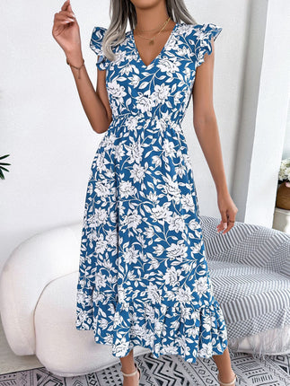 Women's Wood Ear Side Crewneck Ruffle Covered Sleeve Dress Summer Floral Bohemian Flowing Waist Long Dresses