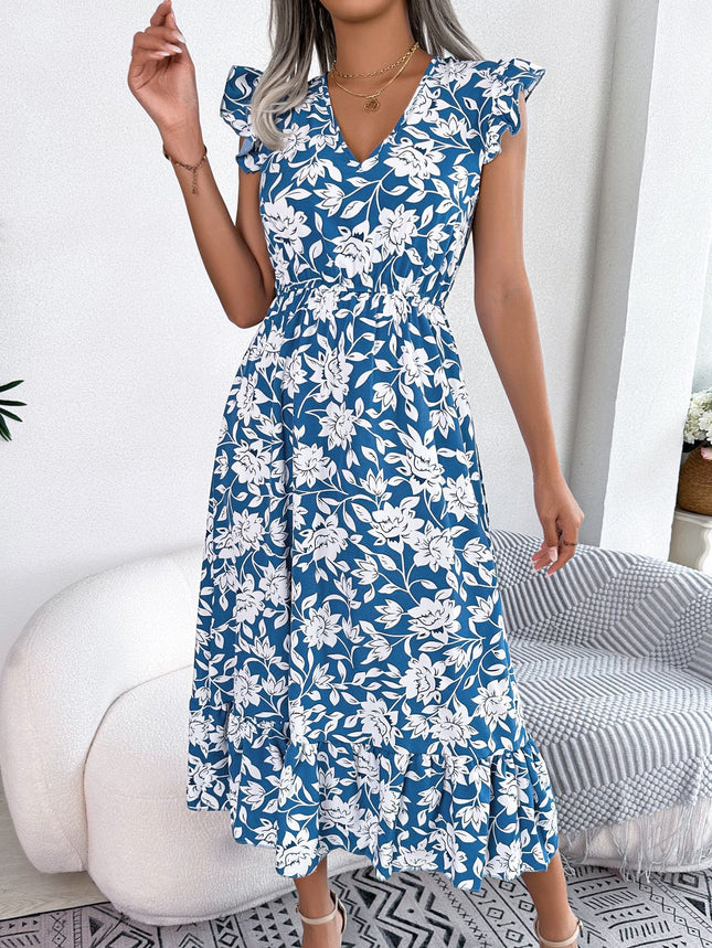 Women's Wood Ear Side Crewneck Ruffle Covered Sleeve Dress Summer Floral Bohemian Flowing Waist Long Dresses