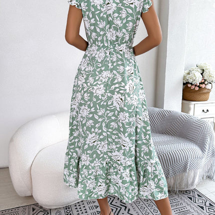 Women's Wood Ear Side Crewneck Ruffle Covered Sleeve Dress Summer Floral Bohemian Flowing Waist Long Dresses