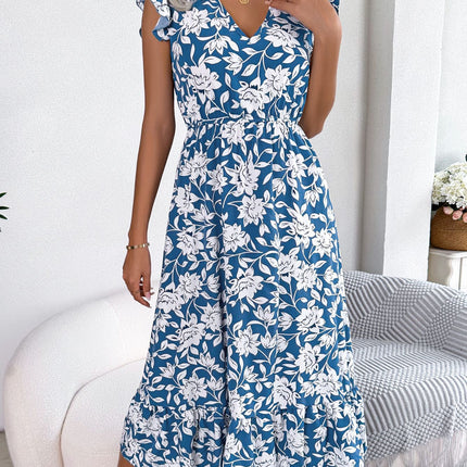 Women's Wood Ear Side Crewneck Ruffle Covered Sleeve Dress Summer Floral Bohemian Flowing Waist Long Dresses