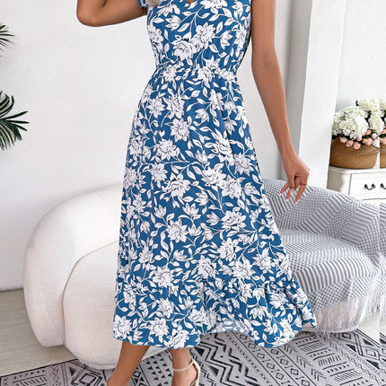 Women's Wood Ear Side Crewneck Ruffle Covered Sleeve Dress Summer Floral Bohemian Flowing Waist Long Dresses