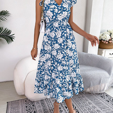 Women's Wood Ear Side Crewneck Ruffle Covered Sleeve Dress Summer Floral Bohemian Flowing Waist Long Dresses