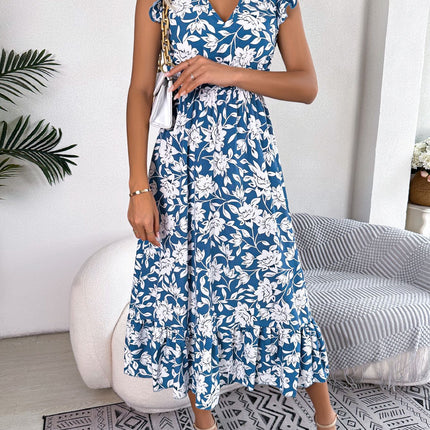 Women's Wood Ear Side Crewneck Ruffle Covered Sleeve Dress Summer Floral Bohemian Flowing Waist Long Dresses