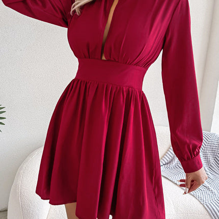 Women Sexy Deep Cutout Long Sleeve Wrap Dress Casual Mock Neck High Waist Short Dresses Solid Party Cocktail Dress