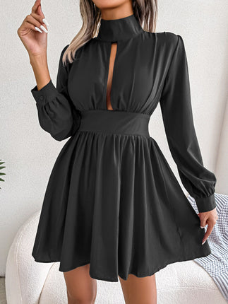 Women Sexy Deep Cutout Long Sleeve Wrap Dress Casual Mock Neck High Waist Short Dresses Solid Party Cocktail Dress