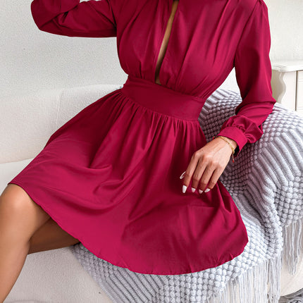 Women Sexy Deep Cutout Long Sleeve Wrap Dress Casual Mock Neck High Waist Short Dresses Solid Party Cocktail Dress