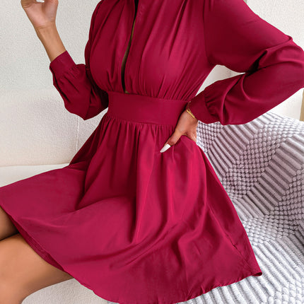 Women Sexy Deep Cutout Long Sleeve Wrap Dress Casual Mock Neck High Waist Short Dresses Solid Party Cocktail Dress