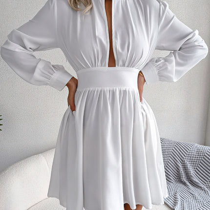 Women Sexy Deep Cutout Long Sleeve Wrap Dress Casual Mock Neck High Waist Short Dresses Solid Party Cocktail Dress