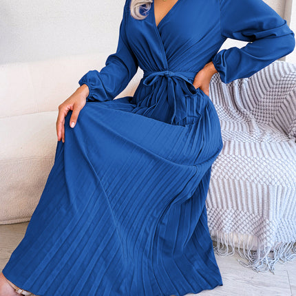 Fashion Women's Solid Color Temperament Crossover V-Neck Long Sleeve Dress Pleated Tie Waist Dress Waist Tie Pleated Dress