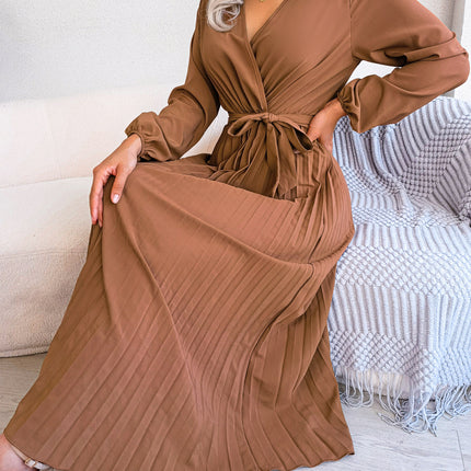 Fashion Women's Solid Color Temperament Crossover V-Neck Long Sleeve Dress Pleated Tie Waist Dress Waist Tie Pleated Dress