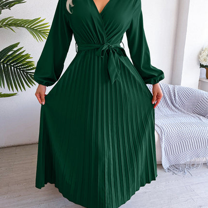 Fashion Women's Solid Color Temperament Crossover V-Neck Long Sleeve Dress Pleated Tie Waist Dress Waist Tie Pleated Dress