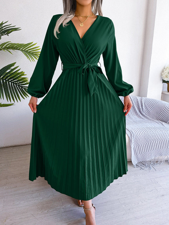 Fashion Women's Solid Color Temperament Crossover V-Neck Long Sleeve Dress Pleated Tie Waist Dress Waist Tie Pleated Dress