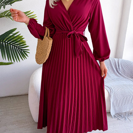 Fashion Women's Solid Color Temperament Crossover V-Neck Long Sleeve Dress Pleated Tie Waist Dress Waist Tie Pleated Dress