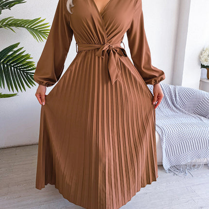 Fashion Women's Solid Color Temperament Crossover V-Neck Long Sleeve Dress Pleated Tie Waist Dress Waist Tie Pleated Dress