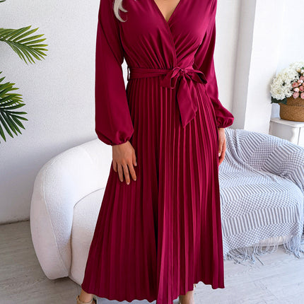 Fashion Women's Solid Color Temperament Crossover V-Neck Long Sleeve Dress Pleated Tie Waist Dress Waist Tie Pleated Dress