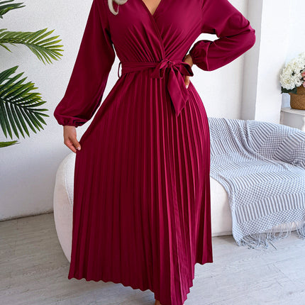 Fashion Women's Solid Color Temperament Crossover V-Neck Long Sleeve Dress Pleated Tie Waist Dress Waist Tie Pleated Dress