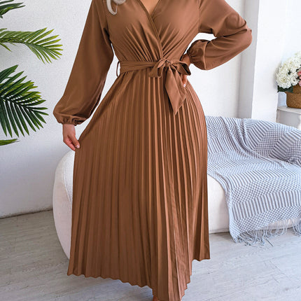 Fashion Women's Solid Color Temperament Crossover V-Neck Long Sleeve Dress Pleated Tie Waist Dress Waist Tie Pleated Dress